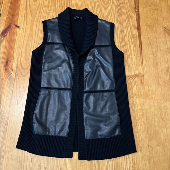 Lafayette 148 New York Leather Cashmere Vest Cardigan Quiet Luxury Black MED - Picture 4 of 10